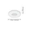 A white, circular LED ceiling light with a decorative pattern in the center, shown on a white background with dimension lines and text indicating its size. Produktbild-Vorschau