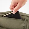 A hand is placing a black cardholder into a green zippered pocket on a bag. Voir les images du produit