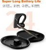A black wireless earbud and its charging case are displayed against a white background, with promotional text and icons highlighting battery life. Podgląd zdjęcia produktu