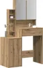 A vanity table with a mirror and storage compartments, made of wood-look material. Voir les images du produit