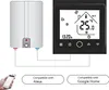 A smart thermostat connected to a water heater, with compatibility indicators for Alexa and Google Home. Produktbild-Vorschau