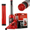 A red hydraulic bottle jack and its packaging are displayed against a white background. Two red extension tubes are also visible. Náhľad obrázku produktu