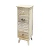 A tall, narrow wooden chest of drawers with four drawers, each with a different decorative front. The chest stands on four tapered legs. Podgląd zdjęcia produktu