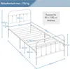 A diagram showing the dimensions of a white metal bed frame. Produktbild-Vorschau