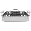 A stainless steel roasting pan with a black wire rack inside, shown from the front. Produktbild-Vorschau