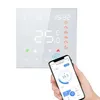 A hand holds a smartphone displaying a smart thermostat app, with a smart thermostat device visible in the background. Produktbild-Vorschau