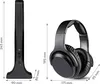 A product shot of a wireless headphone set and its charging base, with dimensions indicated. Produktbild-Vorschau