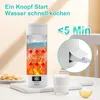 A white electric travel kettle is shown on a table with a glass of milk and some cookies. The kettle has a digital display and an illustration showing water heating up. There is also a close-up of the charging port. Produktbild-Vorschau