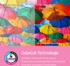 A split image showing a comparison of printing on paper with and without ColorLok technology, with a pink background and marketing text below. Produktbild-Vorschau