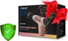 A product box for a massage gun, with a red bow on top, and a green shield with a checkmark on the left. Produktbild-Vorschau