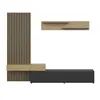 A modern living room wall unit with a slatted panel, a shelf, and a media console. Produktbild-Vorschau