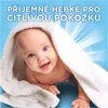 A baby wrapped in a white towel, with text overlay. Produktbild-Vorschau