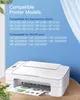 A white printer is shown with a document partially printed, set against a blue background with text listing compatible printer models. Produktbild-Vorschau