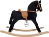 A black plush rocking horse with a brown leather saddle and bridle, shown on a white background. Produktbild-Vorschau