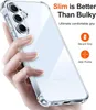 A hand holding a clear phone case on a white background with marketing text and icons. Produktbild-Vorschau