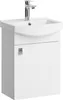A white bathroom vanity with a sink and faucet. Produktbild-Vorschau