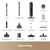 A flat lay of vacuum cleaner accessories and cleaning solution, with German text labels. Produktbild-Vorschau
