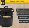 A black enameled trash can with a wooden handle and lid, set against a wooden background with yellow accents and text overlays. Produktbild-Vorschau