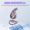 A pair of rose gold and white open-ear sport headphones are shown floating above a stylized blue circuit board graphic. Text overlays highlight product features. Produktbild-Vorschau