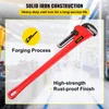 A red pipe wrench is shown with text overlays highlighting its features and construction. Podgląd zdjęcia produktu