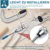 A hand drill and drill bits are laid out on a wooden surface, with text overlays describing the product. Produktbild-Vorschau