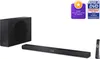 A soundbar, subwoofer, and remote control are displayed on a white background, with marketing badges in the top right corner. Anteprima dell’immagine prodotto