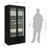 A commercial refrigerator with drinks and a silhouette of a person next to it for scale. Produktbild-Vorschau