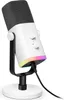 A white and black gaming microphone with RGB lighting on a white stand, connected by a black USB cable. Náhled obrázku produktu