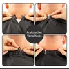 A collage of four images showing how to fasten a cape around a person's neck. Produktbild-Vorschau