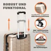 A close-up of a champagne-colored suitcase, highlighting its features with text overlays and inset images. Voir les images du produit