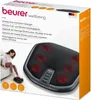 The image shows the product packaging for a Beurer Shiatsu foot and back massager. A woman is depicted using the massager in a lifestyle shot on the left side of the packaging. Produktbild-Vorschau