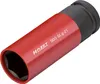 A close-up studio shot of a single red and black socket wrench attachment. Voir les images du produit