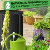 A black water barrel with a green watering can in the foreground, surrounded by potted plants and flowers. Voir les images du produit