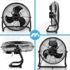 A collage of four images showing a black floor fan from different angles. Voir les images du produit