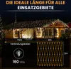 A house decorated with strings of warm white LED lights at night, with a diagram showing the dimensions and features of a net light. Produktbild-Vorschau