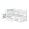 A white bed frame with integrated shelving and drawers, shown from a slightly elevated side angle against a white background. Podgląd zdjęcia produktu