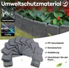 A garden border made of stone-look plastic pieces, with plants in the background and a pile of the border pieces in the foreground. Text overlays describe features. Produktbild-Vorschau