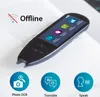 A black scanning pen device is placed on an open book, with icons and text indicating its features. Produktbild-Vorschau
