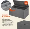 A grey garden storage box with its lid open, shown with a close-up inset of a locking mechanism and marketing text highlighting its features. Produktbild-Vorschau