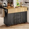 A kitchen island with a wooden countertop, drawers, and cabinets, set in a kitchen with a window and tiled backsplash. Produktbild-Vorschau