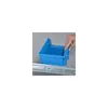 A hand is placing a blue storage bin onto a metal rail. Produktbild-Vorschau