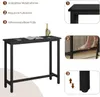 A black bar table with a bottle of wine and a glass on top, shown with callouts highlighting its features. Náhľad obrázku produktu