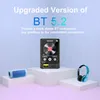 A digital music player with a Bluetooth speaker and headphones, presented on display stands against a gradient background with promotional text. Produktbild-Vorschau