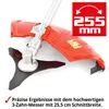Close-up of the cutting head of a string trimmer, showing the blade and protective guard, with a marketing graphic indicating the cutting width. Produktbild-Vorschau