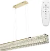 A gold-colored rectangular chandelier with crystal accents and a white remote control are displayed against a white background. Náhľad obrázku produktu
