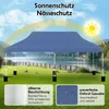 A blue canopy tent set up on a grassy field next to a lake, with a sun graphic and text overlays highlighting its features. Podgląd zdjęcia produktu