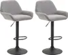 Two gray bar stools with black bases are shown against a white background.