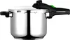 A stainless steel pressure cooker with its lid partially open, set against a white background. Podgląd zdjęcia produktu