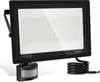 A black LED floodlight with a motion sensor is shown against a white background. Produktbild-Vorschau