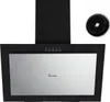 A black and silver kitchen range hood is shown against a white background, with a circular charcoal filter to the side. Produktbild-Vorschau